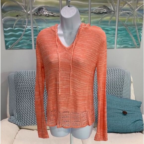 Hooked Up by lOT Peach Mal Open Knit V-Neck Hooded Sweater Size Small - Picture 1 of 13